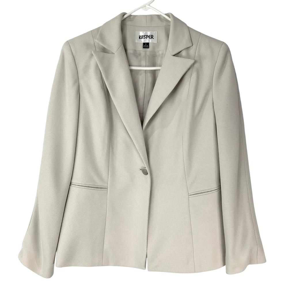 Kasper Beige Herringbone Blazer 6 Button Notched Lapel Long Sleeve Pockets